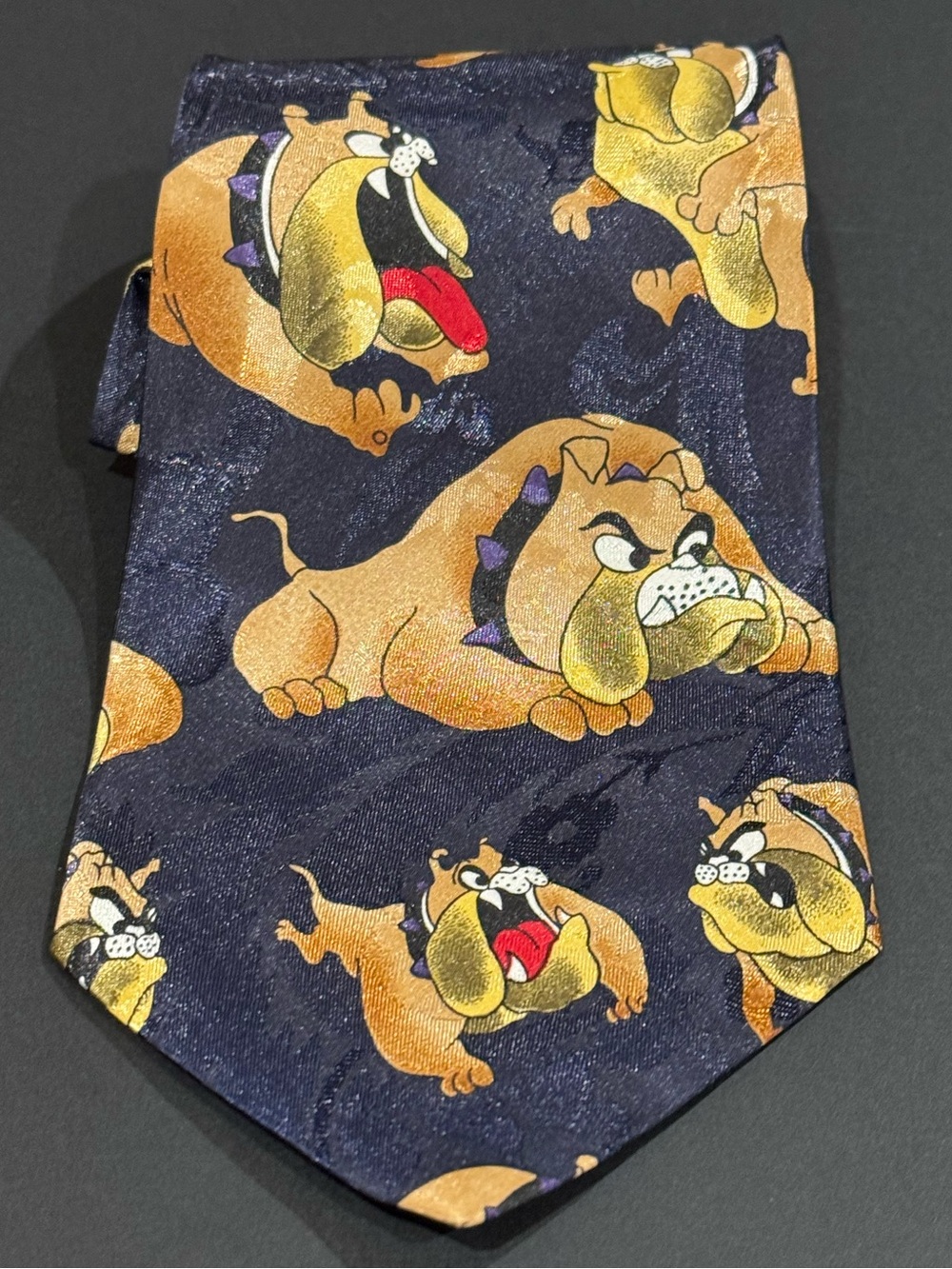 A. Roger’s Men's Navy Bulldog Print Tie - Brown Bulldogs Novelty: